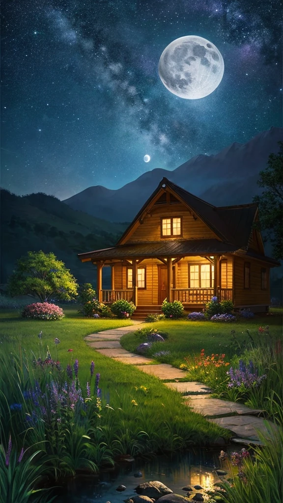 Highest quality、Landscape painting、nature、night景、night、moon、Starry Sky、Beautiful light、flower、I see a small house

