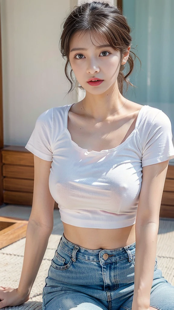 ((Masterpiece:1.8)) Ultra HD Ultra High Resolution 8K Realistic portrayal Realistic Realistic Face Realistic Very detailed delicate Clear skin Full body photo Long-distance photo beautiful coastline Anatomically correct body shape Pink Short Hair thick lips Not too big eyes Beautiful nose There are large tear bags(((tear bag))) ((Hot summer, sweaty skin, sweat flowing)) Tight white t-shirt Denim skirt His black underwear is visible under his T-shirt underboob ((small breasts)) Cross your arms On all fours