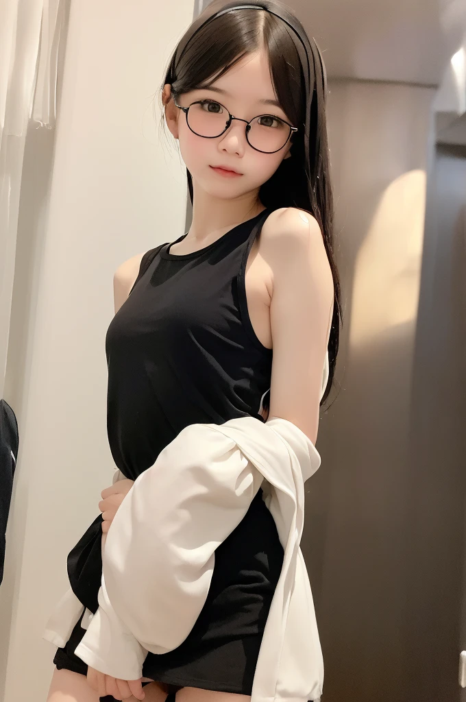 (masterpiece, Highest quality, It captures a very cute moment, Depth of written boundary, Super detailed, Ultra-high resolution, C4D, Octadale, 3D Modeling,Realistic human photos、 8k, 16K, One Girl,, 、Small breasts,Black Hair,short hair,Straight Hair,Light brown eyes,White headband,Wearing black glasses,Cute Face), Bloomers, Black tank top, zettai ryouiki, Wet clothes,Classroom Nights,Moonlight, Good elevator, Take off、Real-life skin、Not an anime、Realistic、