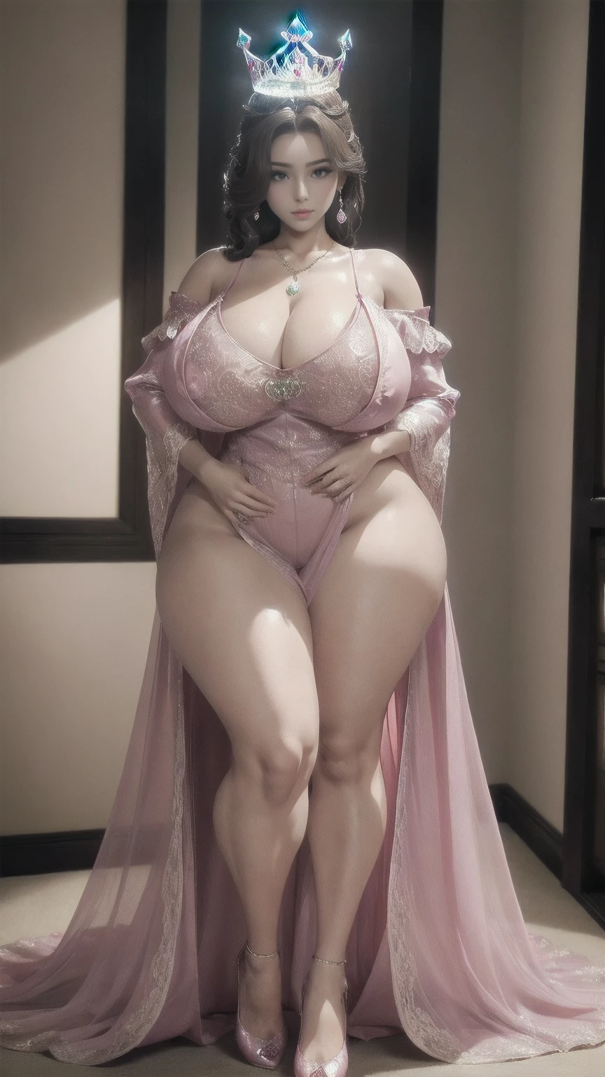 Attractive dressing Beautiful curl hairs,perfect  features of well dressed Women in bedroom empty hand's ,looks like gorgeous wife giving a eligent pose wearing princess frock gown dress, ((with big body curves, attractive queen diamond crown full dressed princess clothing,bouncy :2.4 thin waist,big wide  , but gigantic thighs)) wearing necklaces with princess  attractive long frock clothes full body clothing pink frock clothes flowen long gown dupatta