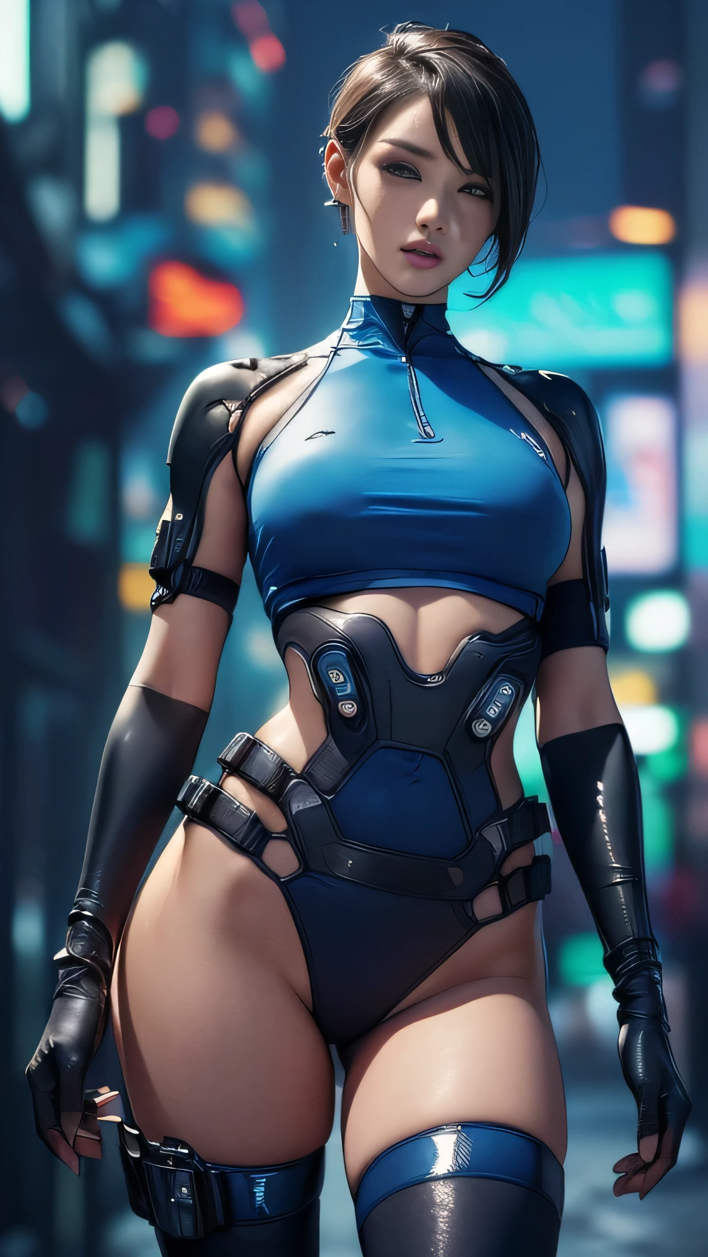 (A woman),(((A female member of the Future Force stands))),((Shiny dark blue tactical tights:1.5)),((earphone:1.5)),((Tactical Holster:1.5)),(Gloves:1.5),(Serious:1.5),(Super short hair:1.5),(beautiful eyes:1.3),(Very detailedな顔:1.5),((Very detailed drawing of a female hand:1.5)),(((muscular:1.5))),((Sexy appearance:1.5)),((Thick thighs:1.5)),(Beautiful Body:1.5),((Very sensual:1.5)),(The backdrop is a futuristic city:1.5),(Cyberpunk atmosphere:1.5),(((Blurred Background:1.5))),(Written border depth:1.5),rest(((masterpiece:1.5),(best quality:1.5),(Very detailed:1.5),(high resolution:1.5),(Practical:1.5),(Practical:1.5),(Delicate depiction),(Carefully drawn))),8k,wallpaper