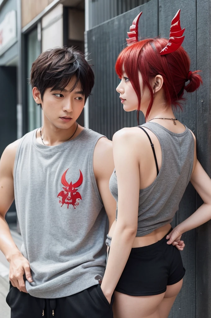 Red short hair、A Japanese woman、Wearing red buffalo horns、With black devil wings on his back、Black short tank top、Wearing grey sweatshirts、Black sneakers with red laces