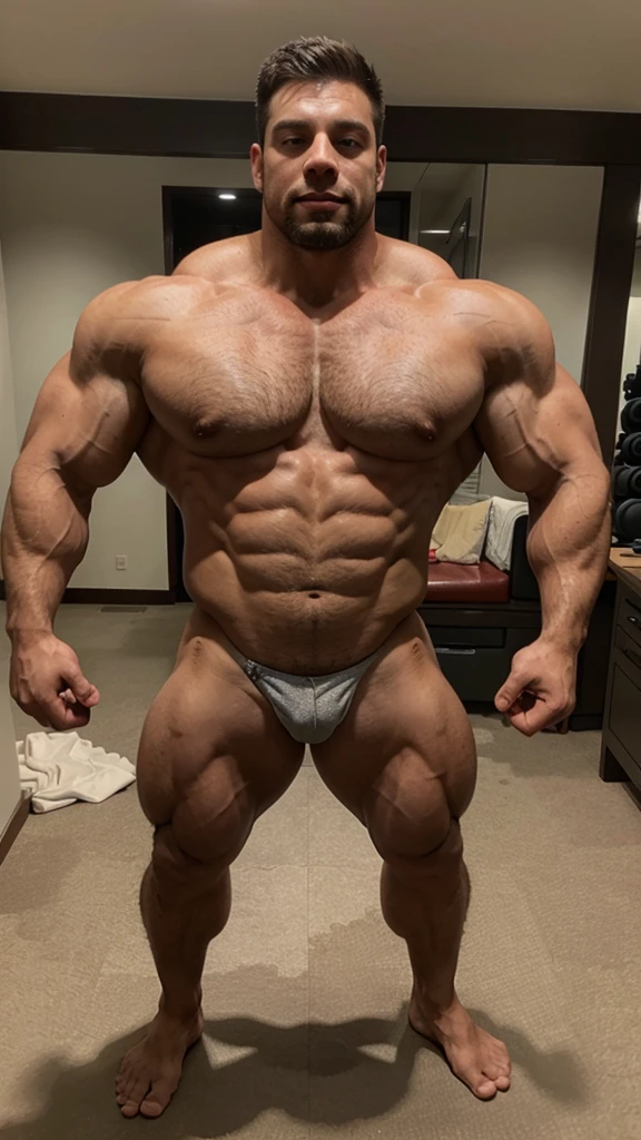 Muscular, huge biceps, huge chest, shirtless, full body.
