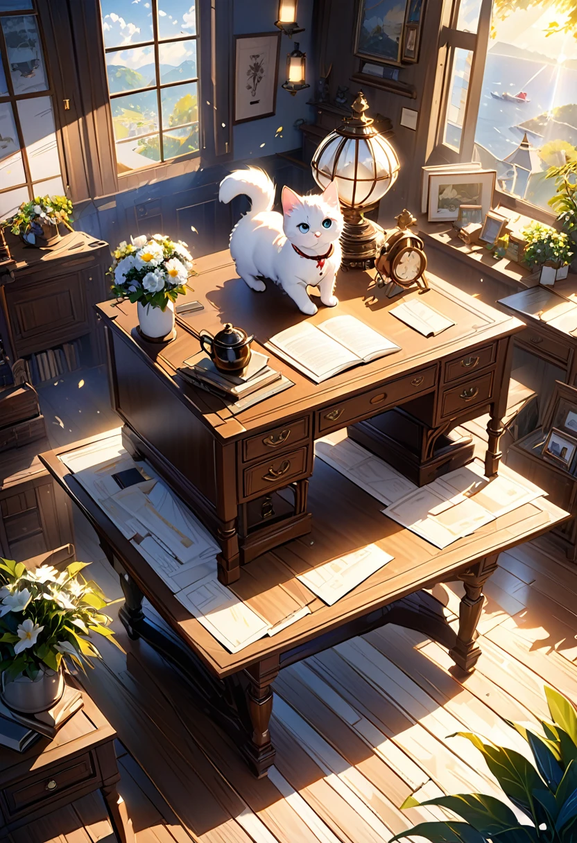 (8k、RAW Photos、Highest quality、look up:1.2、masterpiece:1.2、Genuineistic、Ultra-high resolution、High Contrast、Photon Mapping、Genuine、Very detailed、Official Art, RAW Photos、professional Lighting、 Light、Vivid atmosphere、twiceLight) (1 girl),(One white kitten),The morning sun shines in、Airship on antique desk'VIP Room、The world map expands。Use the compass、Check the direction to your destination、Girl and white kitten、Feeling Hopeful, joy, Anxiety and.。VIP Roomから見える外の世界、Stars in the sky々And the Milky Way shines、The ancient city rises into the air like a heat haze.、On the ground、Surrounded by greenery、A medieval Roman city-state on a lake、Shining in the morning atmosphere of the excitement of adventure。High Fantasy Worldview, A magnificent composition and beautiful depiction of proportions, Guardian nebula of rainbow Light and silvery vapor, Corrosion Surrounding Ray Family Color, Slimy air,