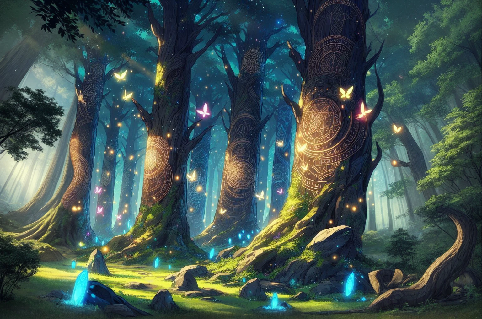 forest in the middle of a giant tree with the snake Jörmungandr surrounding the tree with its body in anime style