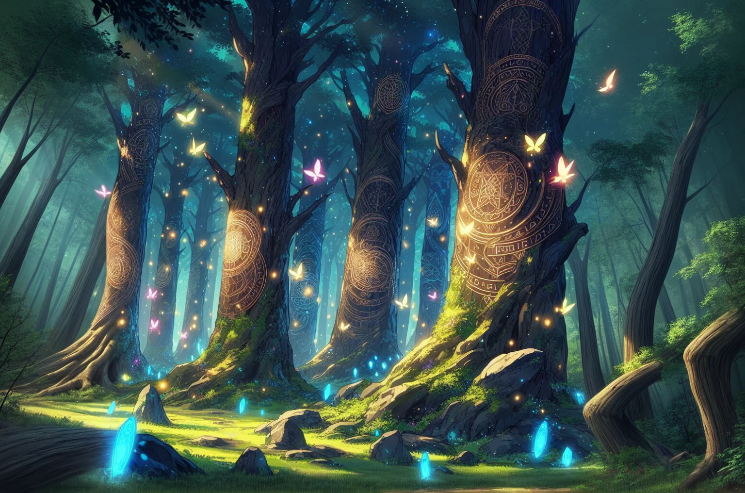 forest in the middle of a giant tree with the snake Jörmungandr surrounding the tree with its body in anime style