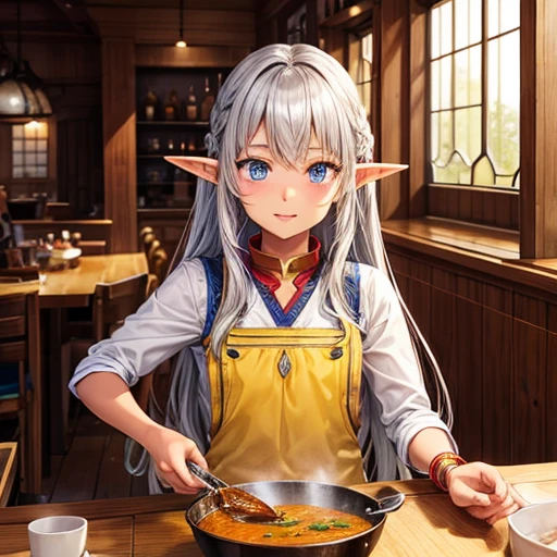 Making curry at a fantasy curry restaurant　A brown-skinned elf with long silver hair　
