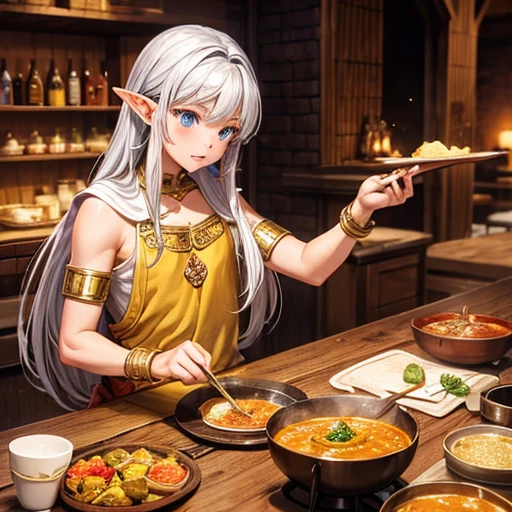 Making curry at a curry restaurant　A brown-skinned elf with long silver hair　huge pot