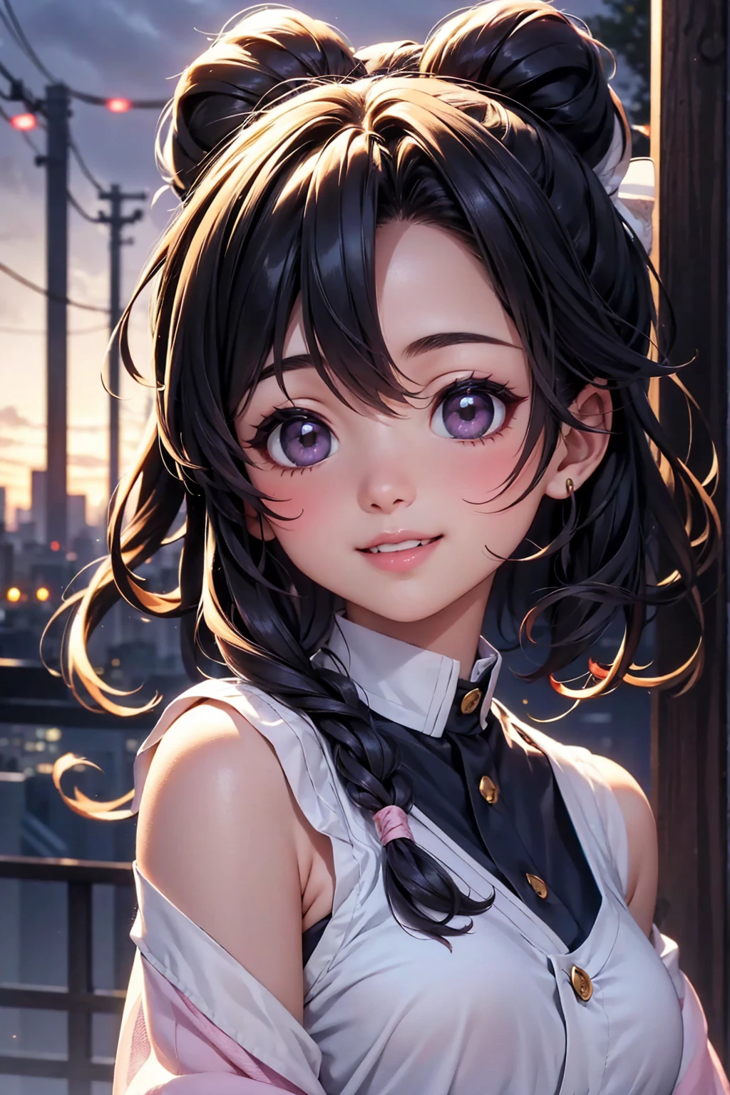 High details:1.5, high resolution, Natural strokes and colors, natural lighting, face detailed, detailed hair, eye detailed, detailed nose, detailed lips, detailed hands. an adult and beautiful girl:1.9, wearing a sleeveless blouse, pink lips, looking at the viewer, city at night, black hair tied with butterfly, with a beautiful smile shinobu kocho.