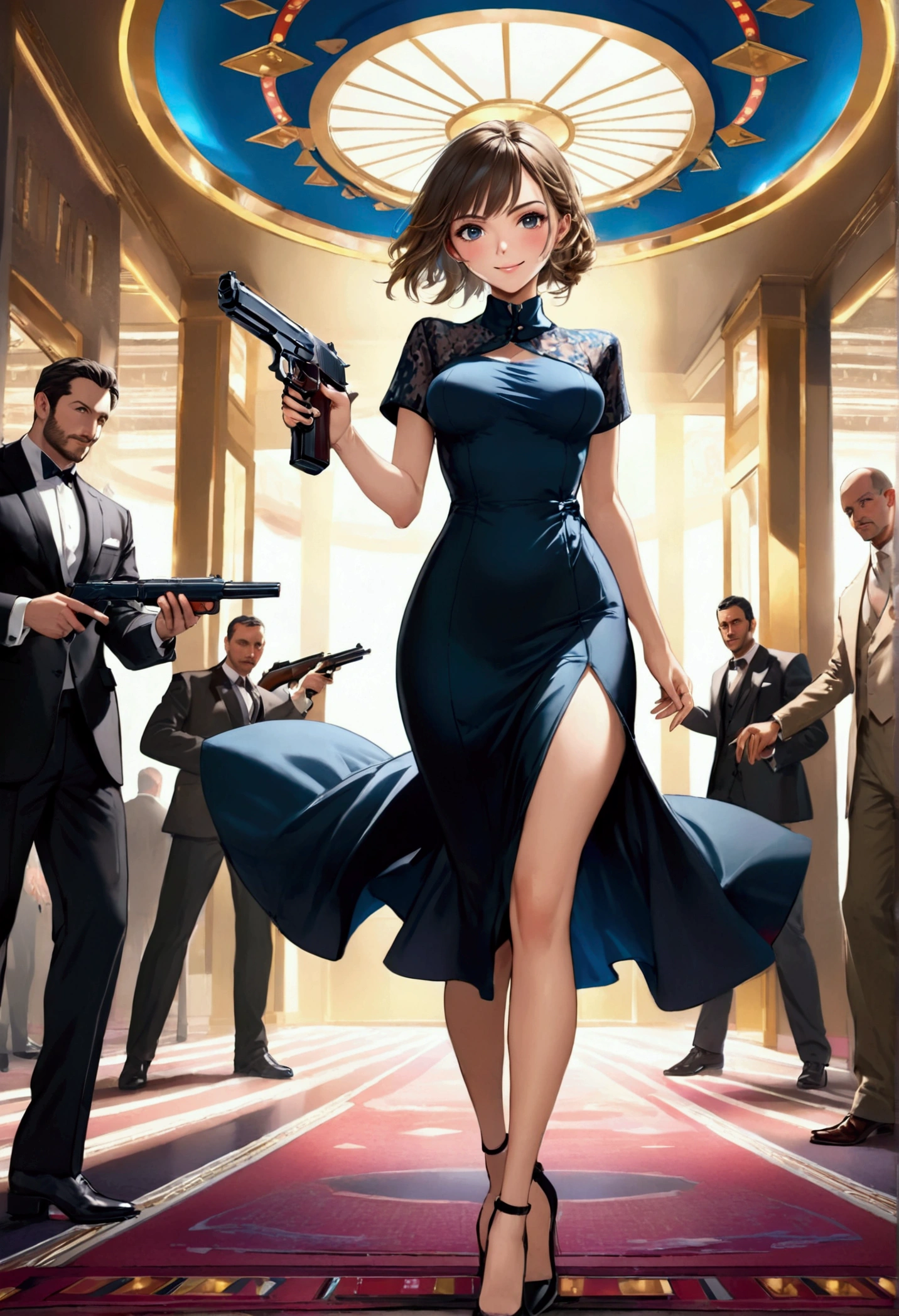 (Best quality:1.4), (ultra detailed:1.4), full body shot , ana de armas, smirk, smirk, sexy one piece semi long dress opened on chest, spy outfit,holding a gun and shooting at enemies,war set,highly detailed,photorealistic,intricate details,dramatic lighting,cinematic composition,vibrant colors,dynamic action pose, casino setup, lots of people around