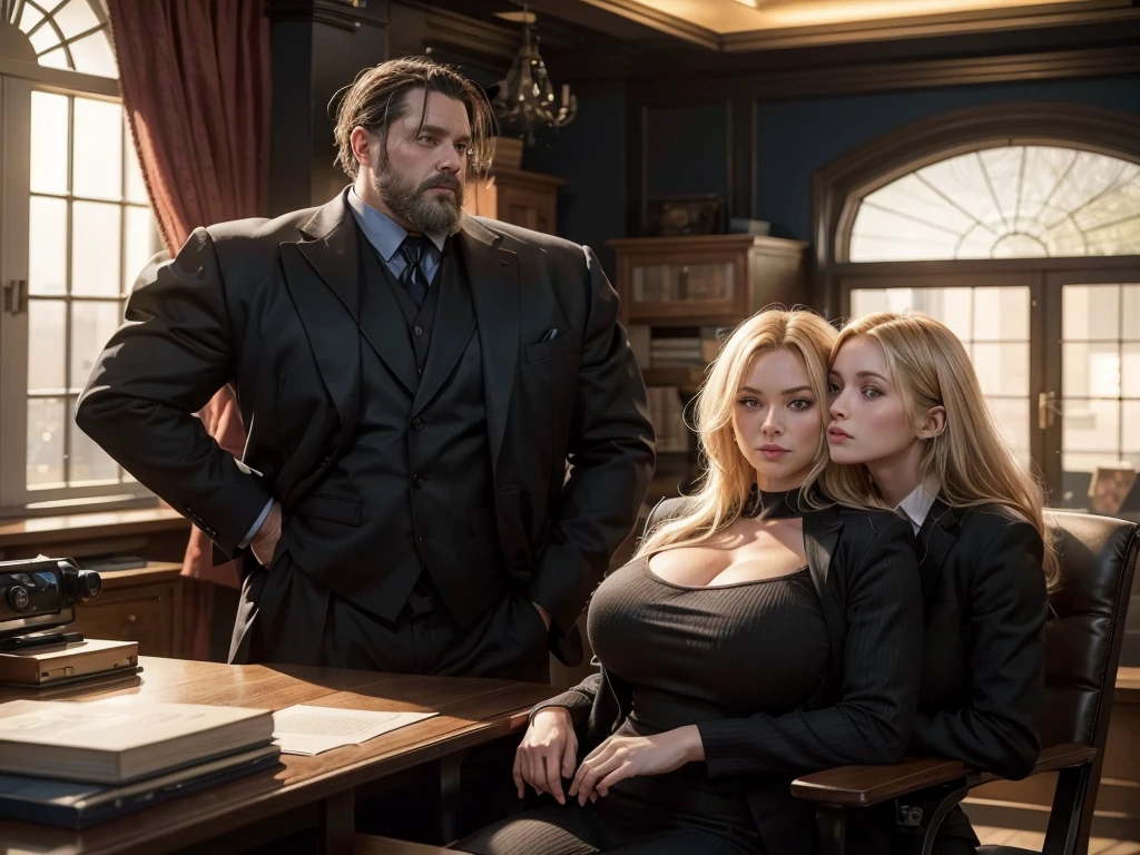 a man, forty yeard old, strong body, wearing black suit, short black haird, standing beside a blonde woman, also forty yeard old, big breasts, blue eyes, inside an office, big window, red curtains, at night, light of the moon, beautiful woman