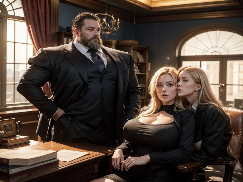a man, forty yeard old, strong body, wearing black suit, short black haird, standing beside a blonde woman, also forty yeard old, big breasts, blue eyes, inside an office, big window, red curtains, at night, light of the moon, beautiful woman