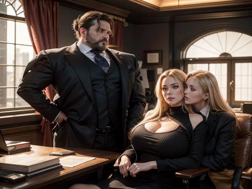 a man, forty yeard old, strong body, wearing black suit, short black haird, standing beside a blonde woman, also forty yeard old, big breasts, blue eyes, inside an office, big window, red curtains, at night, light of the moon, beautiful woman