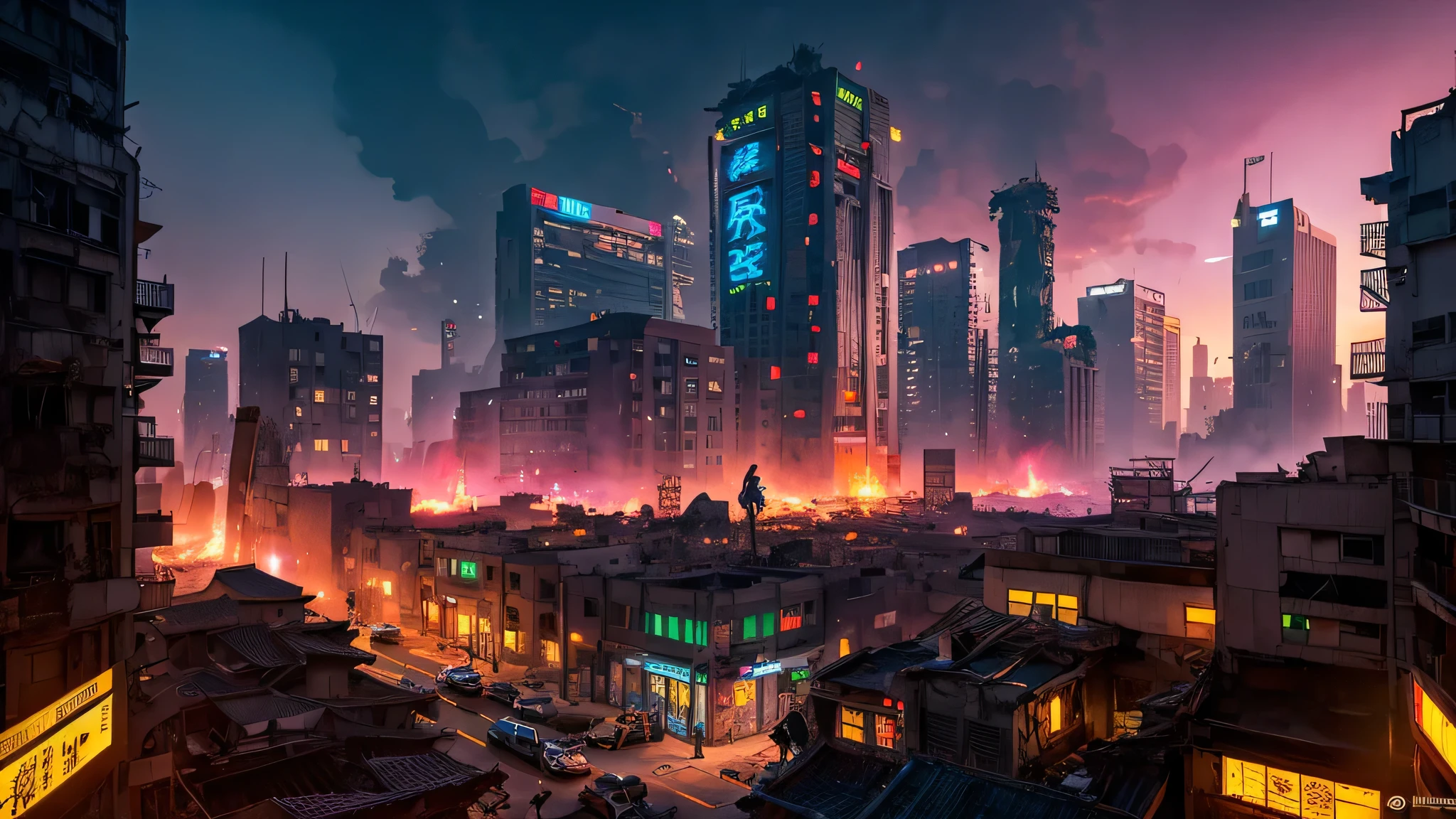 scene of ancient anime city of ruins, on fire, city destroyed, dark, cyber style, post apocalyptic, artistic, city ruins in background, purples, pinks, yellows
