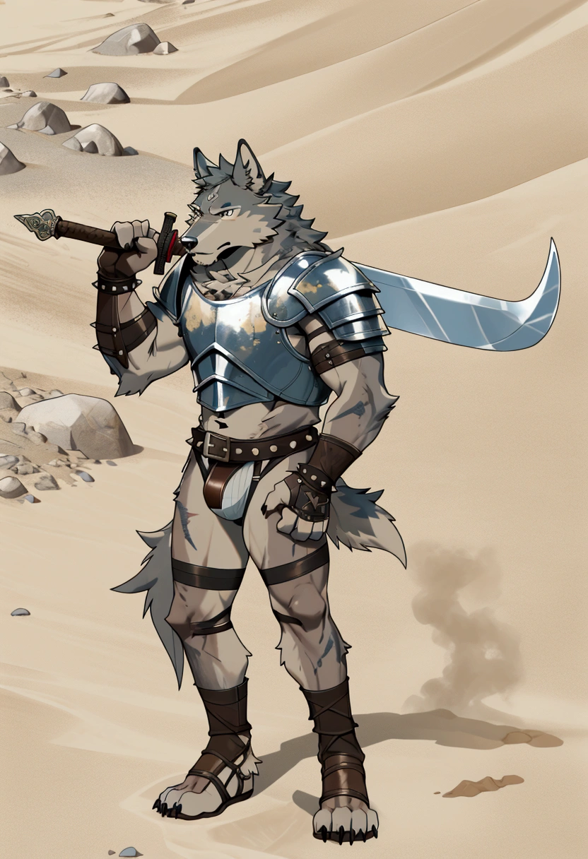 Solo Sexy young anthro furry wolf male mercenary medieval solider, slim endomorph muscular, anthro handsome gay shorter muzzle, handsome gay model male apperance, sword scars, worn out leather skimpy armament, low on hips heavy leather belt, old very worn out skimpy dirty linen material jockstrap, old yellow dirty worn out stains on white sawn jockstrap, very visible "x" brown seam pattern on the jockstrap, studded skimpy armlets breastplate armor, skimpy breastplate, leather bondages, fingerless leather gloves, smelly unwashed furr, dirty body look, desert battlefield, standing in sexy fighting position, close view of full character