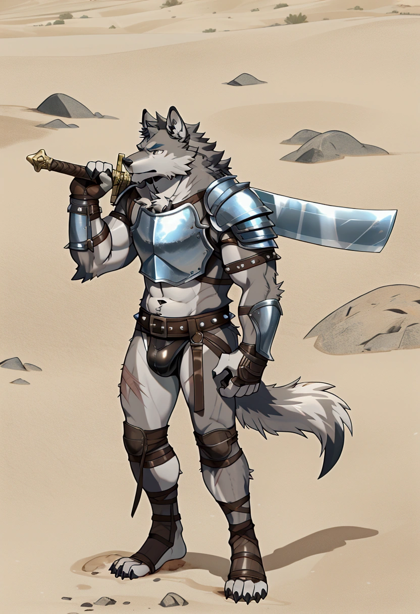 Solo Sexy young anthro furry wolf male mercenary medieval solider, slim endomorph muscular, anthro handsome gay shorter muzzle, handsome gay model male apperance, sword scars, worn out leather skimpy armament, low on hips heavy leather belt, old very worn out skimpy dirty linen material jockstrap, old yellow dirty worn out stains on white sawn jockstrap, very visible "x" brown seam pattern on the jockstrap, studded skimpy armlets breastplate armor, skimpy breastplate, leather bondages, fingerless leather gloves, smelly unwashed furr, dirty body look, desert battlefield, standing in sexy fighting position, close view of full character
