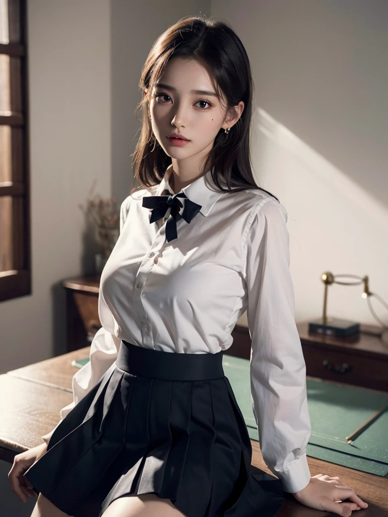 disorganized, RAW photo, very delicate and beautiful, masterpiece, highest quality, ultra high resolution, 16k, surreal, super detailed, perfect anatomy, super dense skin, perfect figure, Highly detailed CG 8k wallpaper, 20&#39;s, very slim body, tight waist, very small head, very small face, delicate features, tearful mole, earrings, thin legs, ((very huge round breasts)), full body shot, 1 girl, short middle hair, wavy hair, ((school uniform)), skirt,