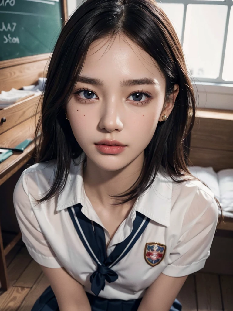 absurdres, RAW photo, extremely delicate and beautiful, masterpiece, Best Quality, ultra high resolution, 32k, hyperrealistic, ultra-detailed, perfect anatomy, super Detailed skin, perfect figure, Super Beauty, Perfect Style, Perfect balance, Beautiful Lighting, Perfect Lightning, Realistic Shadows, 20 years old, very Slim body, narrow waist, very small head, very small face, delicate facial features, handsome detailed woman, very detailed eyes and face, realistic face proportions, Realistic beautiful face, Realistic beautiful eyes, tearful mole, earring, very huge round breasts, medium hair, asymmetrical hair, (full body shot:1.2), indoor, short skirt, (school_uniform:1.2),