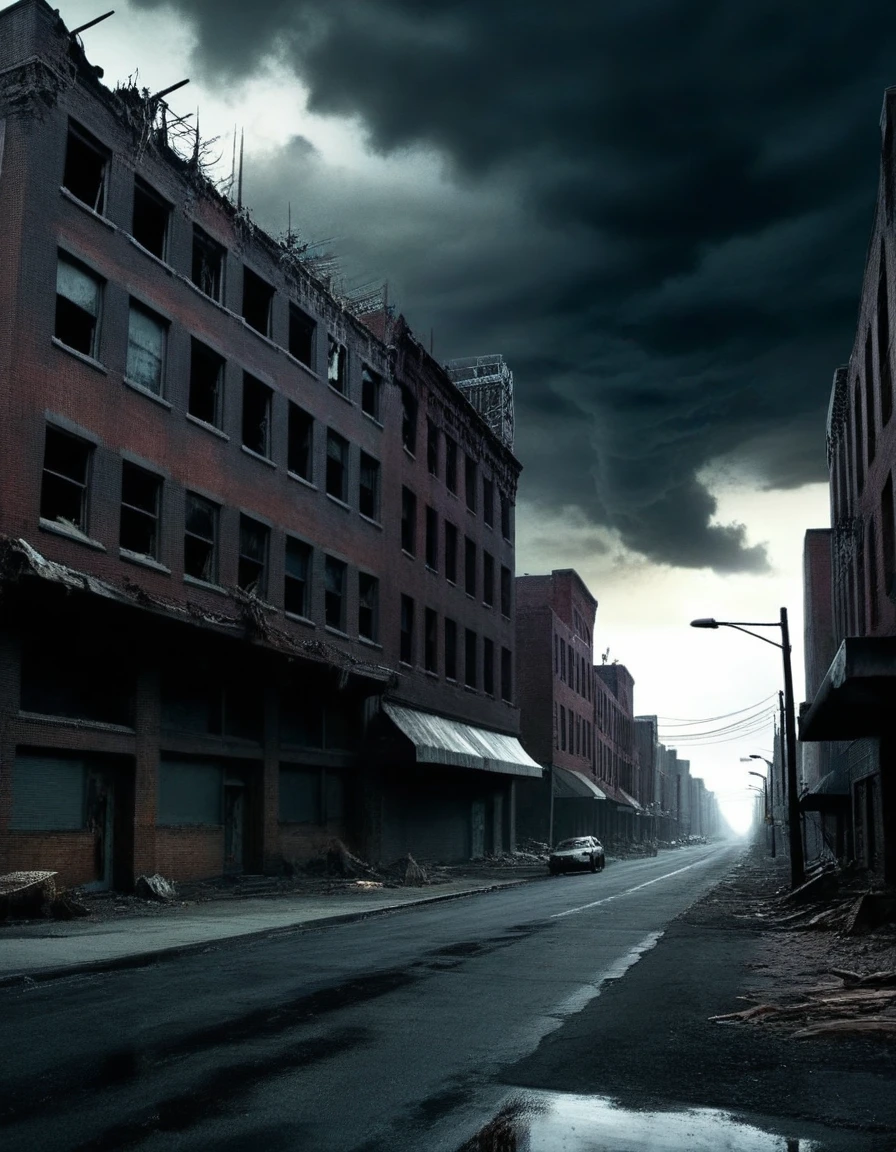 city street. devoid of human life, post apocalyptic, dark sky,