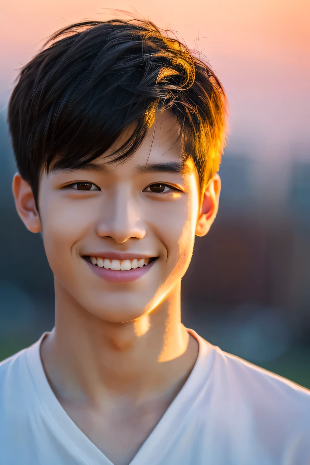 Highest quality, masterpiece, Ultra-high resolution, (Realistic: 1.4), Original photo, wallpaper, Head Photo, skin, Simple Background, Iris, detailed, Selfie, 1 boy, 18-year-old, good looking, Wind,Sunset、smile