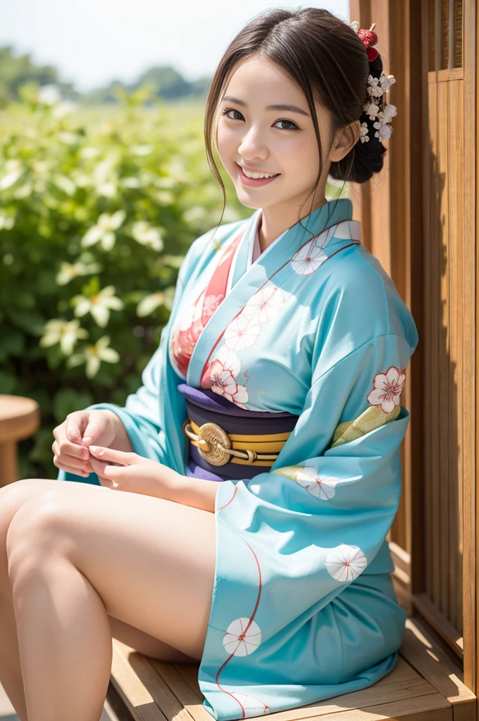 Pure Japanese kimono girl, natural body, beautiful legs, wearing traditional kimono, natural hair styles, sweet smile, sitting relaxed mood, sweet temptation, refreshing in early summer, professional portrait photography, 