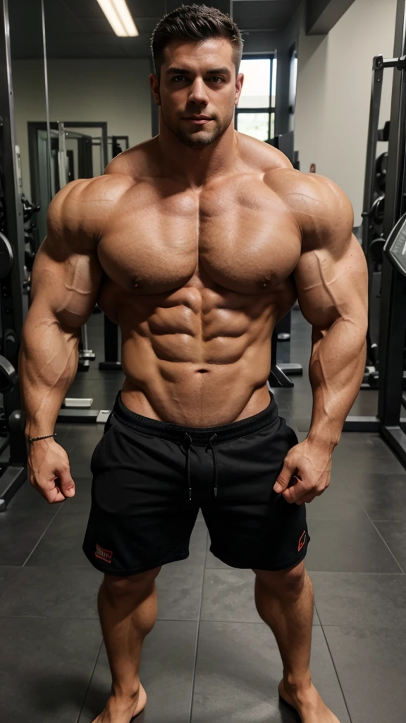 Muscular, huge biceps, huge chest, shirtless, full body.