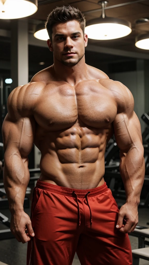 Muscular, huge biceps, huge chest, shirtless, full body.