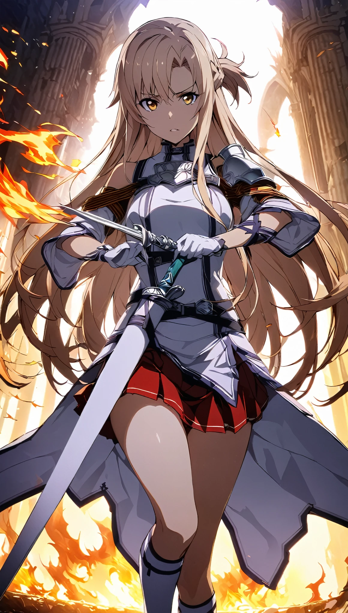 NSFW,masterpiece, Top quality ï¼Œ ï¼Œ 1 girl, arms, sword, 独自of, length_hair, Chest当て, Keep, Keep_arms, Keep_sword, armor, 棕色of_hair, Weaving, Knee socks, only_Shoulder, 棕色of_Eye, skirt, sword杆织机, of_sleeve, sheath, 白色of_skirt, 白色of_Knee socks, 红色of_skirt, separate_Lips, 前hair, shine, fire, Chest, shine_arms, unsheathed, fantasy, skirt, length_sleeve, Gloves, vitality, shine_sword, magic, cowboy_shooting, 白色of_Gloves, 白色of_sleeve, Very_length_hair, Standing, Keep_sheath, unsheathing