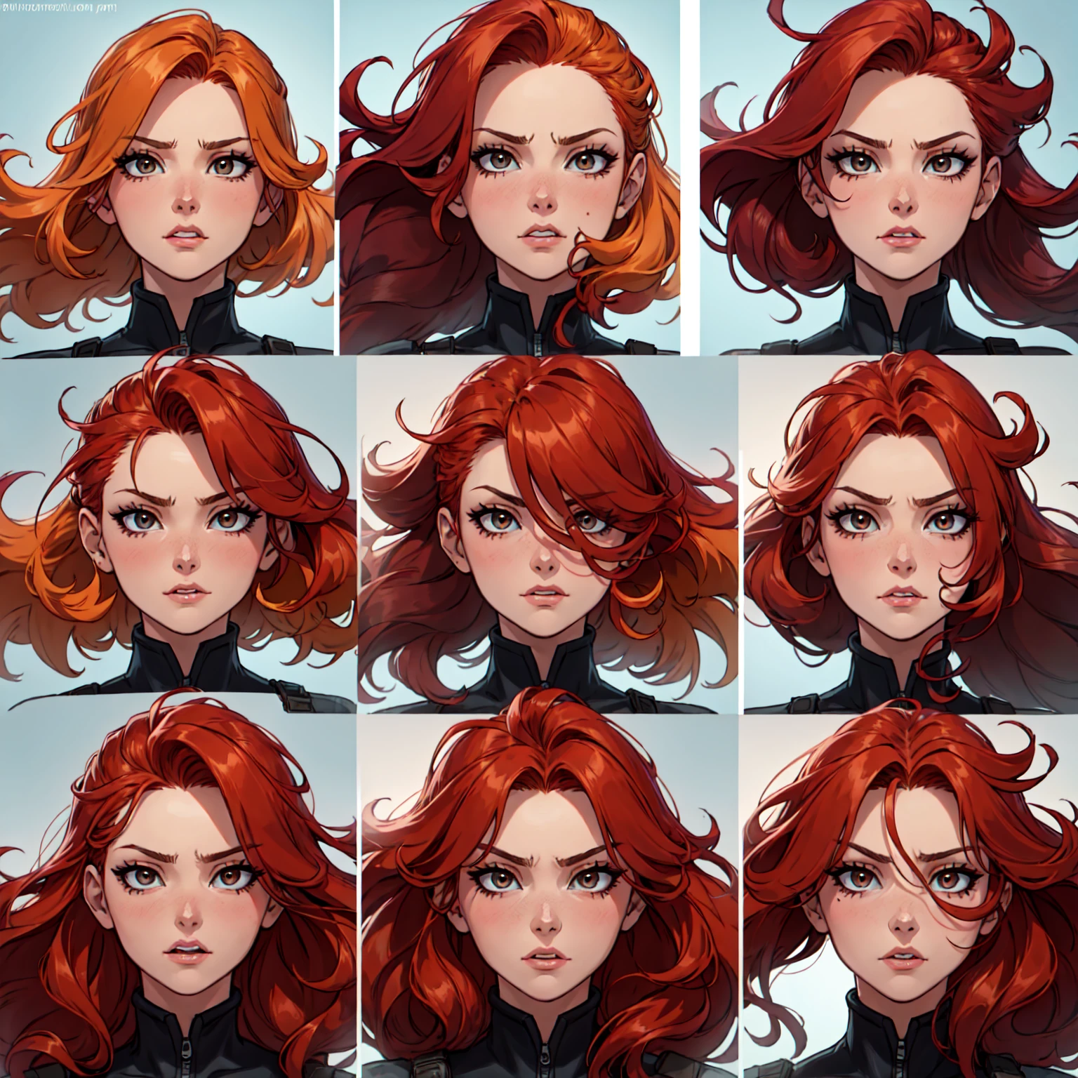 a close up of a person with red hair and many different expressions, long ginger hair windy, windy hair, expressions, detailed facial expression, detailed facial expressions, wind blowing hair, facial expressions, strong facial expression, hair flowing, she has long redorange hair, marvelous expression, fire hair, character headshot concept art, wind blowing and hair flowing, dramatic facial expression
Consumo es
