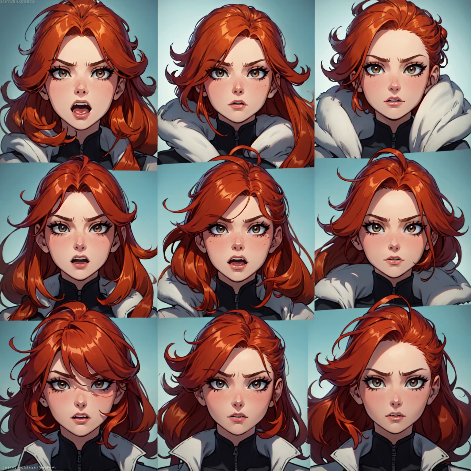 a close up of a person with red hair and many different expressions, long ginger hair windy, windy hair, expressions, detailed facial expression, detailed facial expressions, wind blowing hair, facial expressions, strong facial expression, hair flowing, she has long redorange hair, marvelous expression, fire hair, character headshot concept art, wind blowing and hair flowing, dramatic facial expression
Consumo es