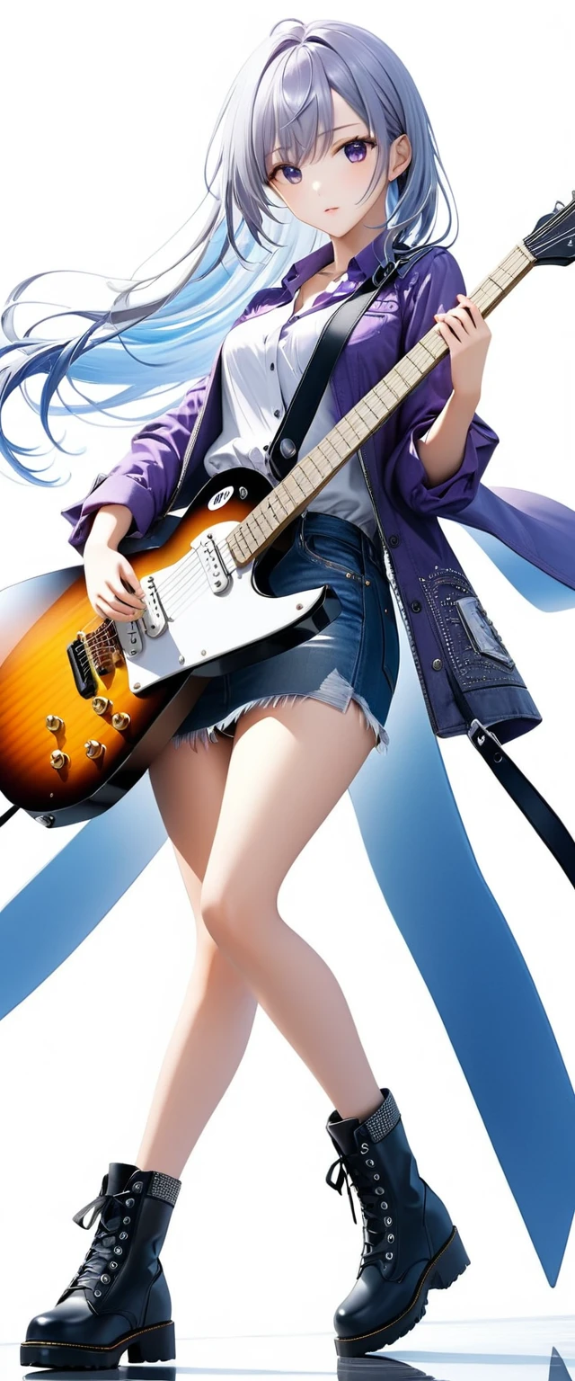 (((White background:1.5)))、(((A strong gaze on the guitar:1.5))),(((The subject and guitar are in full view:1.5))),(((Composition from afar:1.5))),(((full body:1.2)))、(very wide shot)、(masterpiece、Ultra HD、Highest quality、Masterpiece、４K:1.2)、Slender body、Japanese metal girl playing a white electric guitar, (((A strong gaze on the guitar:1.5))), Intricate details, Highly detailed eyes, Highly detailed fingers、(Purple shirt and blue jeans) 、Long silver hair、Wear black boots、(((Dynamic and lively pose:1.5)))、Perfect Style、８Head to Body、