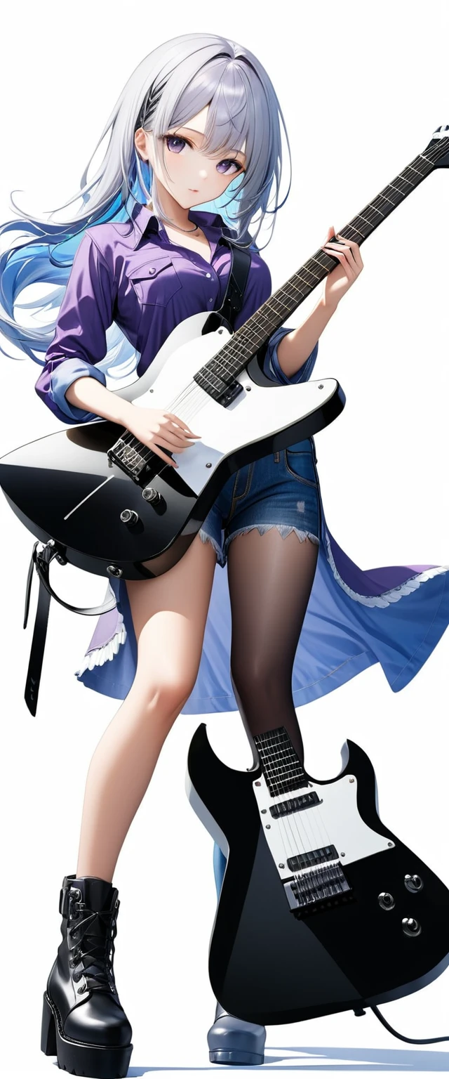 (((White background:1.5)))、(((A strong gaze on the guitar:1.5))),(((The subject and guitar are in full view:1.5))),(((Composition from afar:1.5))),(((full body:1.2)))、(very wide shot)、(masterpiece、Ultra HD、Highest quality、Masterpiece、4K:1.2)、Slender body、Japanese metal girl playing a white electric guitar, (((A strong gaze on the guitar:1.5))), Intricate details, Highly detailed eyes, Highly detailed fingers、(Purple shirt and blue jeans) 、Long silver hair、Wear black boots、(((Dynamic and lively pose:1.5)))、Perfect Style、8Head to Body、