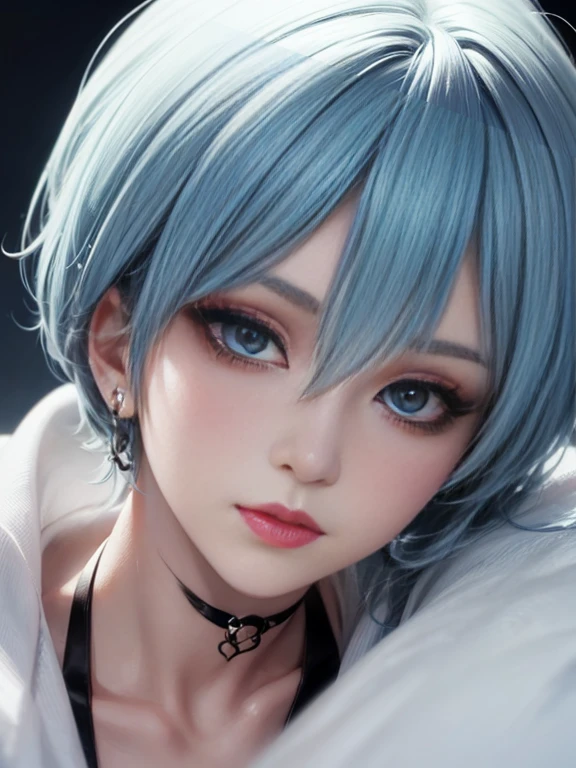 Depth of bounds written, detailed eye, ((CG illustration)), ((face focus)), ((masterpiece)), ((8K)), ((super detailed)), ((Super high quality)), ((cinematic)), ((Photoreal)), ((close up shot)), (solo), (cool girl), very long hair, straight hair, (((thin body))), Glossy skin, ((look away)), (Beautiful goth girl with high cheeks and legs), Gothic makeup, clear eyes, lipstick, dark eye shadow, ((No bra)), choker, earrings, provoke, night, ((full moon)), ((Functional)), Lonely, Visual kei, ((pastel colour)), Unwound clothes, forget, kiss, White Knight, dark, silence