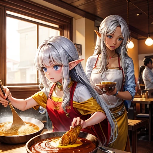 Making curry at a curry restaurant　A brown-skinned elf with long silver hair　