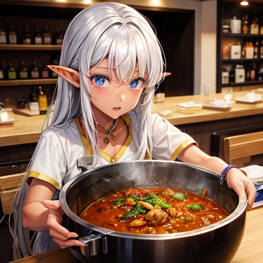 Making curry at a curry restaurant A brown-skinned elf with long silver hair