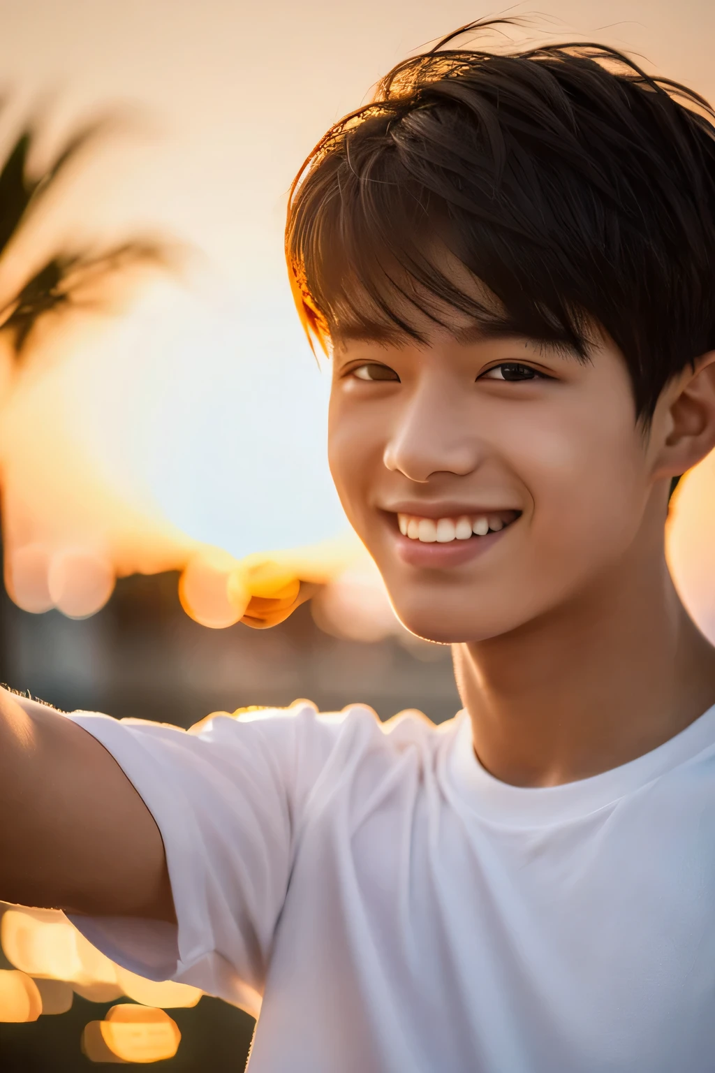 Highest quality, masterpiece, Ultra-high resolution, (Realistic: 1.4), Original photo, wallpaper, Head Photo, skin, Simple Background, Iris, detailed, Selfie, 1 boy, 18-year-old, good looking, Wind,Sunset、smile