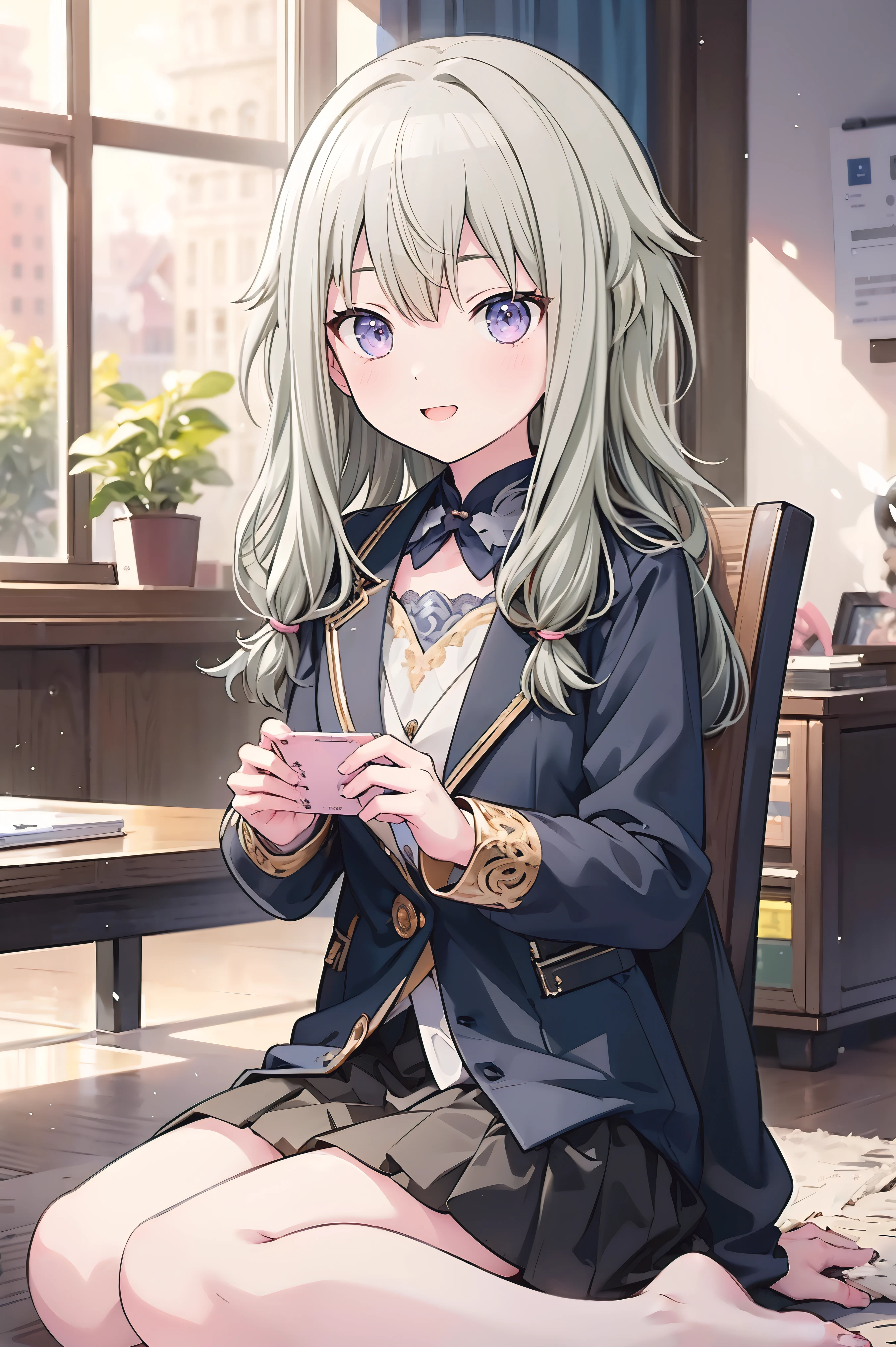 (8k, 最high quality)、Ultra-high resolution、adorable、最high quality, beautiful, Absurd beauty、masterpiece、Best image quality、(Front facing)、good feeling、smile,Face the camera、Smile、smile、Small face、adorable満面のsmile, 最high quality、female、Looks 20 years old、1 person、masterpiece, Most detailed、、blazer、skirt、 high quality、Shiny Hair、Very fine and beautiful bright eyeedium chest、nose blush、Very detailed, clear and beautiful face, Awards, (Anatomically correct)、The whole body is visible、Focus on the face、Sitting