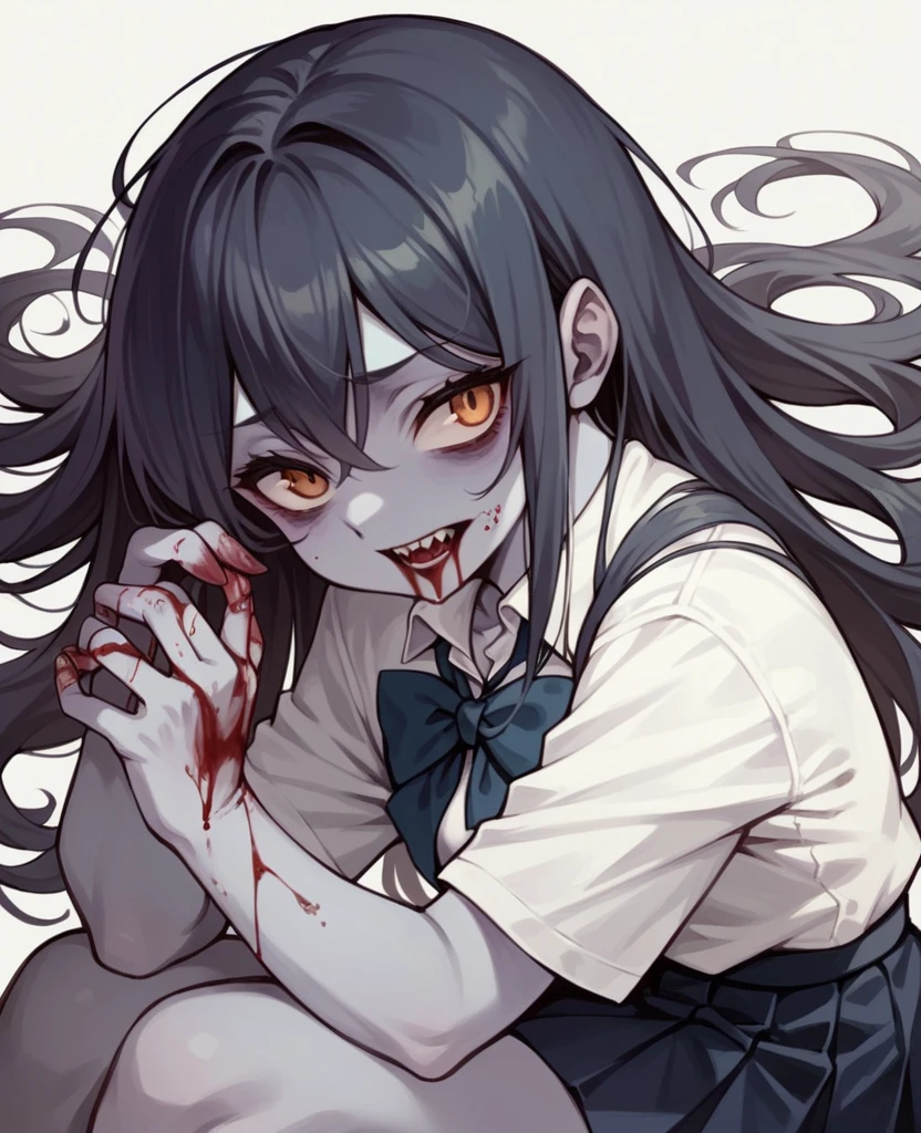 dark art, thick outlines, comics, photorealistic, perfect hands, masterpiece:1.2, ruined city at night, crazy, smiling, 1 girl, knife in hands, blood, cardigan, serafuku, black skirt, neckerchief, big breasts, detailed background, detailed face, detailed eyes, 