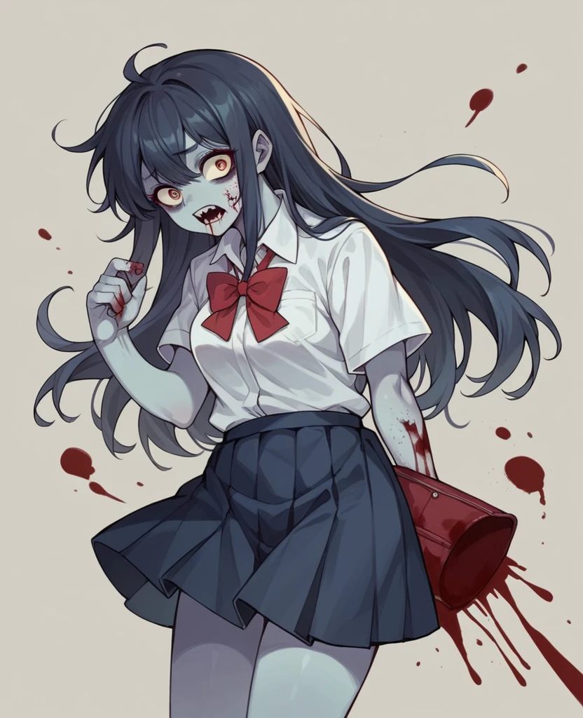 zombie girl,with Japanese school shirt,Japanese school skirt, short black and long hair,full of blood