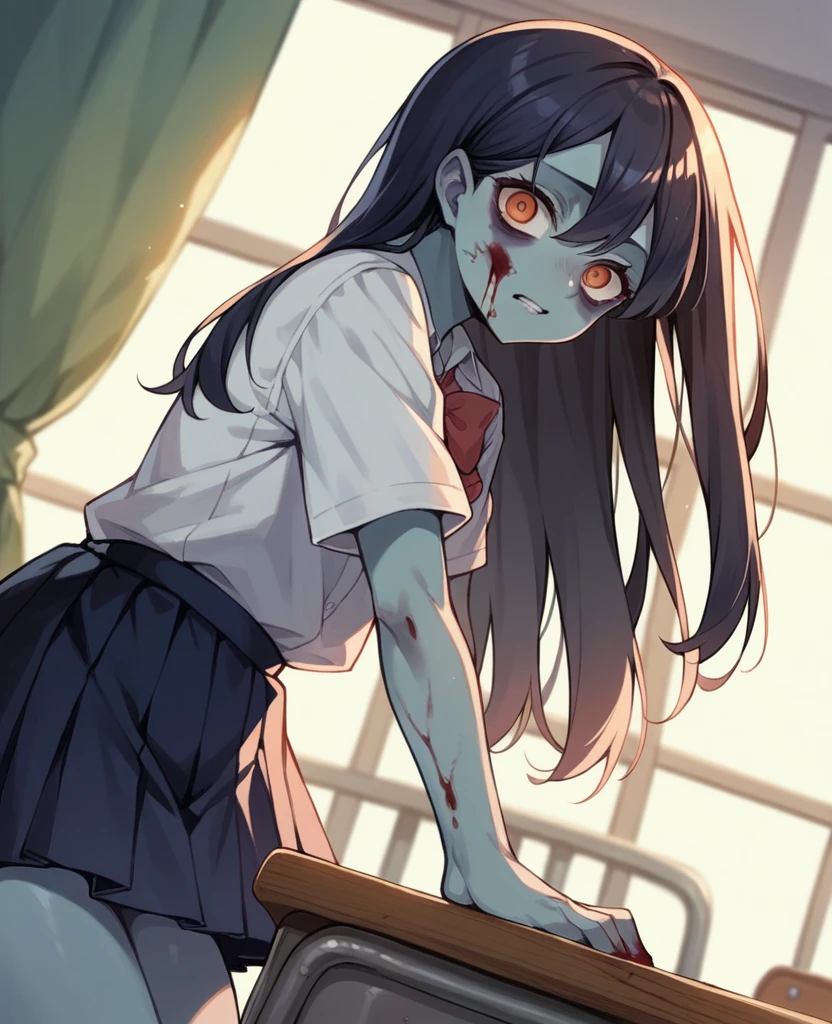 zombie girl,with Japanese school shirt,Japanese school skirt, short black and long hair,full of blood