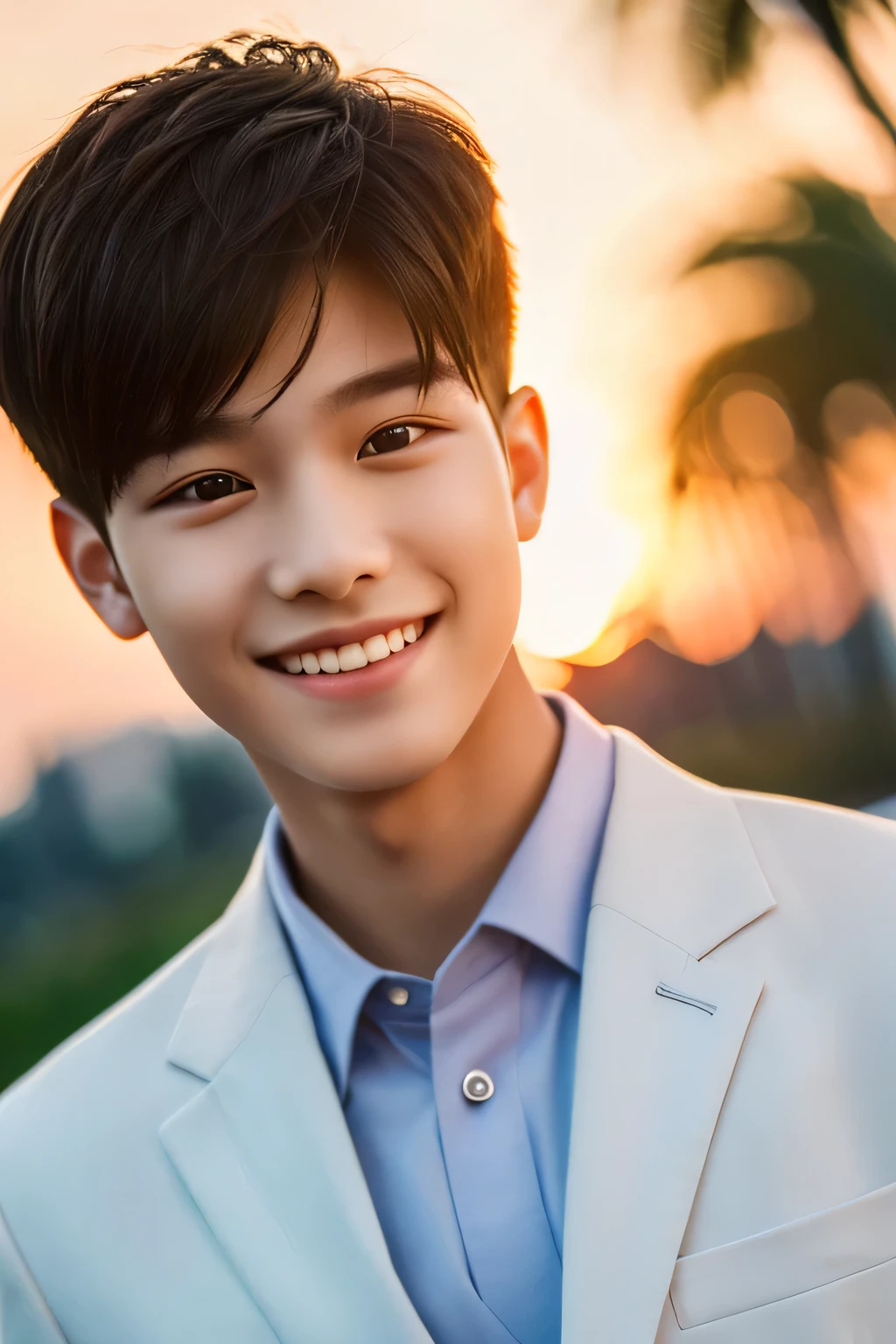 Highest quality, masterpiece, Ultra-high resolution, (Realistic: 1.4), Original photo, wallpaper, Head Photo, skin, Simple Background, Iris, detailed, Selfie, 1 boy, 18-year-old, good looking, Wind,Sunset、smile、suit