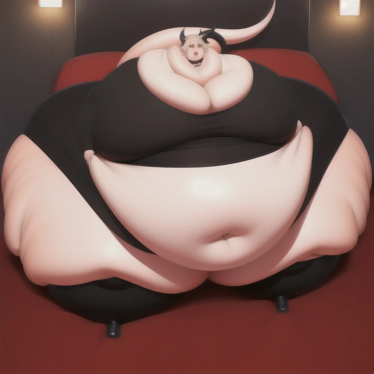 anime character with a large belly and a large belly sitting on a bed, gluttony, , blob anime, eating hamburgers ,obese ), anime hi-fructose, anime food, Sekka, obese, top rated on pixiv fat young man on enormous hands, fat bacchanalian body, he has a jiggly fat round belly, big arms, obese ), fat!!, pose(arms out the side+ struggling+huff and puffing), expression(Smug), arms extended towards viewer, skin color(Charcoal Black ) ,Black, short hair Red hair Tips!! ,anime,male,((Handsome)),arms((Black wings Under arms )),Black Horns with red tips+ ,Round fat Face, multiple chins , Fat Cheeks, Clothes(( consists of a red formal suit!! ,black Top hat!!,)) (Sharp,Red Eyes),((Massive Fat Belly)), (Fat thighs, insanely Wide hips ,massive butt)), super Fat ,high_quality, , Massive proportions, ((Clothes Tearing )), Legs spread out, black feathers around Skin, (High resolution), (High aesthetic)