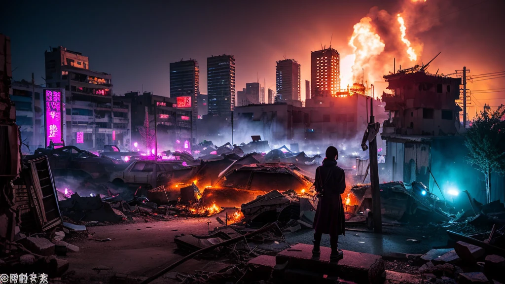 scene of ancient anime city of ruins, on fire, city destroyed, dark, cyber style, post apocalyptic, artistic, city ruins in background, dark purples, magenta, yellows