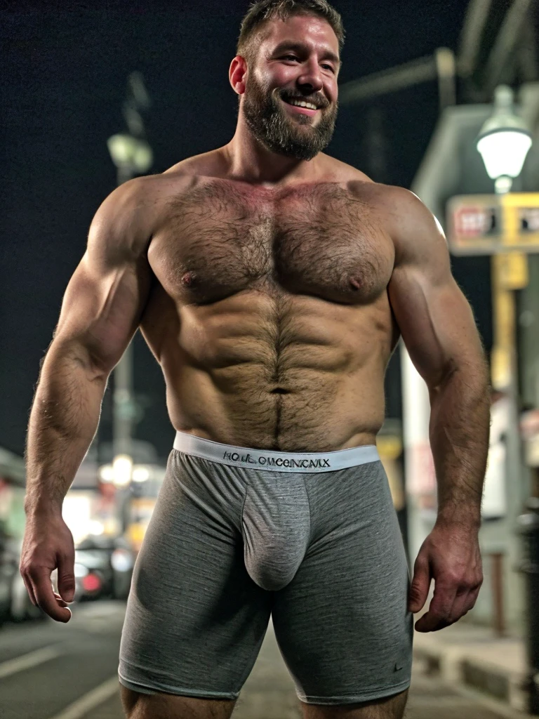 realistic photo of muscular bearded (man), ((massive hairy pecs)), big pecs, big arms, bulge, VPL, intricate, homoerotic, sharp focus, photo by greg rutkowski, soft lighting, vibrant colors, (masterpiece), ((streets)), (detailed face), looking at viewer, light smile, night, standing, cinematic lighting, beautiful lighting, cinematic lighting, (hazy filter, film grain:1.2), ((very detailed boxers)), ((large bulge)), ((very detailed bulge))