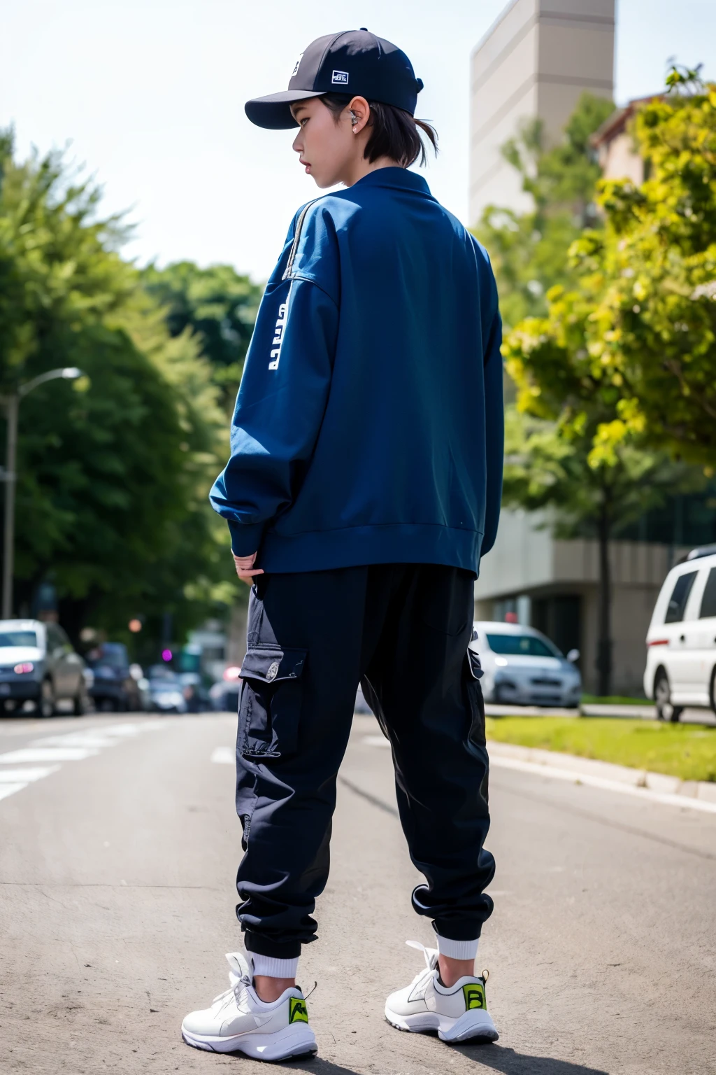 ((Highest quality))、((masterpiece))、(detailed)、One girl、Large size clothes、hip hop、dance、back