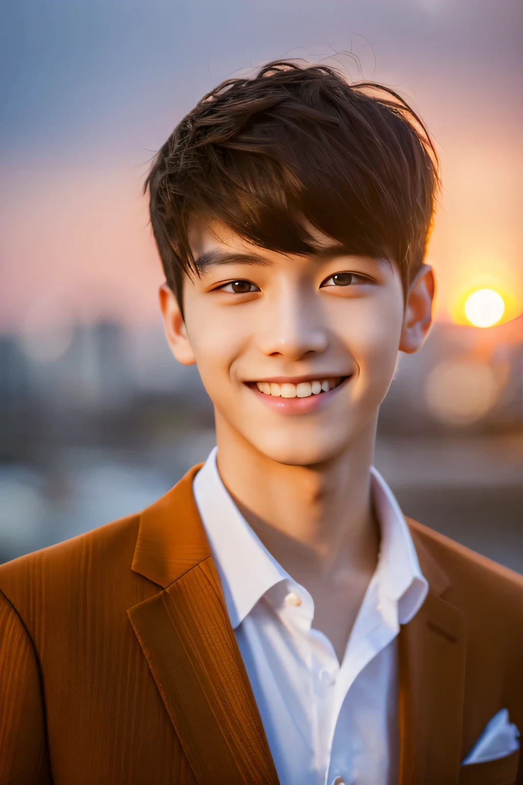 Highest quality, masterpiece, Ultra-high resolution, (Realistic: 1.4), Original photo, wallpaper, Head Photo, skin, Simple Background, Iris, detailed, Selfie, 1 boy, 18-year-old, good looking, Wind,Sunset、smile、suit