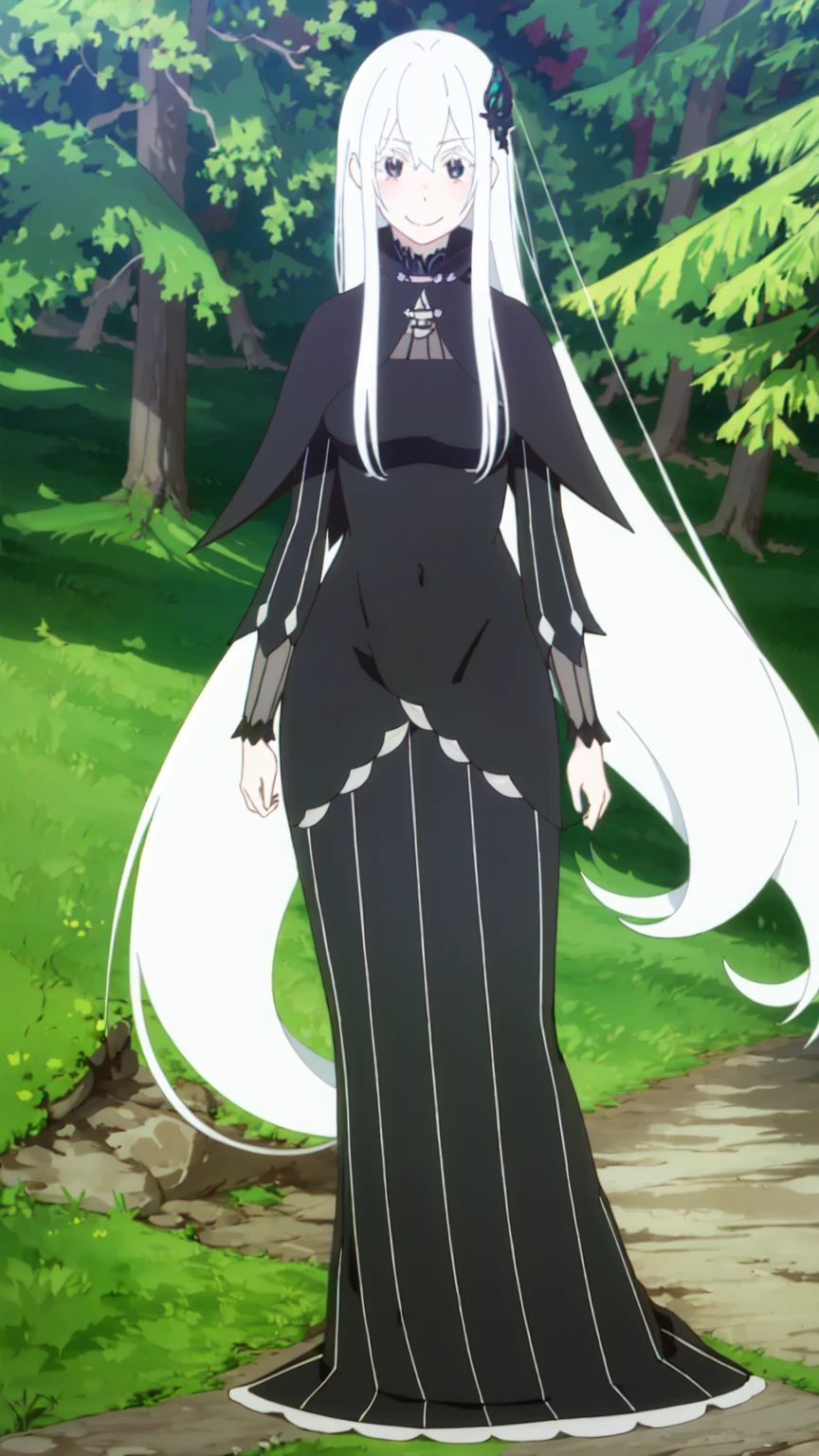 (masterpiece:1.2, Highest quality),  colorful, Hyper Detail, Intricate details, wallpaper, 1 girl, alone, echidna, Black Micromani Dress, (Detailed fantasy outdoor background), Large Breasts, View your viewers, smile, Side Lock, Long white hair, hair ornaments, [belly button], Full body long sleeves, （Black lace micro mini dress 1.4)Are standing、(half:1.3), Wide Hips, Thick thighs, (Thigh Gap:1.2), Big Ass,High heels、