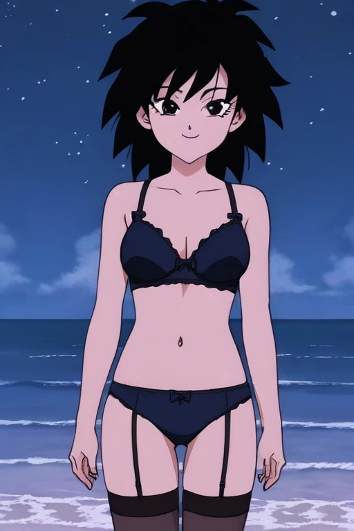 source_anime, score_9,score_8_up, score_7_up, ginedb, anime screencap, 1girl, solo, looking at viewer, smile, medium breasts, black hair, ocean, medium breasts, smile, standing, blue night sky, night, stars, underwear, black top, black panty, lengerie, lingerie, mesh stockings, transparent tights