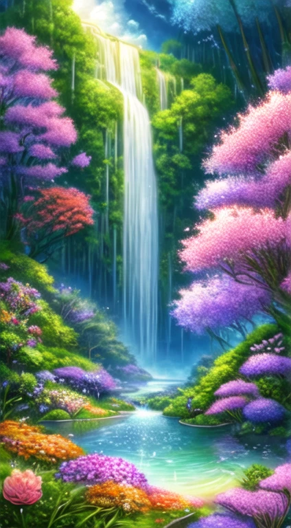 flower園,flower畑,Money, Surreal illustration , Otherworldly, ,Highly detailed and magical lighting, Intricate forest details, Surrounding vegetation and river, Solarpunk ,landscape, , Beautiful foliage with beautiful lighting and realistic proportions, Like a movie background, 8k, Highest quality, masterpiece, 空のcloudと星.baptism,Baptism,Garden of Eden,Colorful,夢のようなlandscape, cloud, light piercing through the cloud, Reflection on the surface of the water, Gentle waterfall,flower々, flower ,Quiet atmosphere, Richness in details, Surreal beauty, Magical Aura, ファンタジーlandscape, High quality digital art, Vibrant colors, Fantastic lighting, Enchanting atmosphere, Artistic Expression, Otherworldly feeling, Beautiful brushwork, Magnificent View, Peaceful tranquility, Immersive Experience, Breathtaking views, Picturesque views, Mysterious charm, Mysterious atmosphere, Nuances, A magical dream. There are no people, Nobody is here