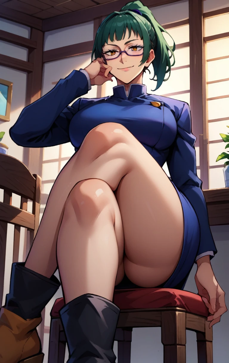 score_9, score_8_up, score_7_up, score_9, source_anime, BREAK   MakizeninSDXL, 1girl, solo, breasts, looking at viewer, smile, short hair, bangs, skirt, large breasts, long sleeves, sitting, closed mouth, , jacket, golden eyes, ponytail, boots, green hair, glasses, indoors, blue skirt, chair, from below, crossed legs, hand on own face, backlighting, hand on own cheek, point of view from below, nsfw, sexy legs, Big ass, big glutes, 